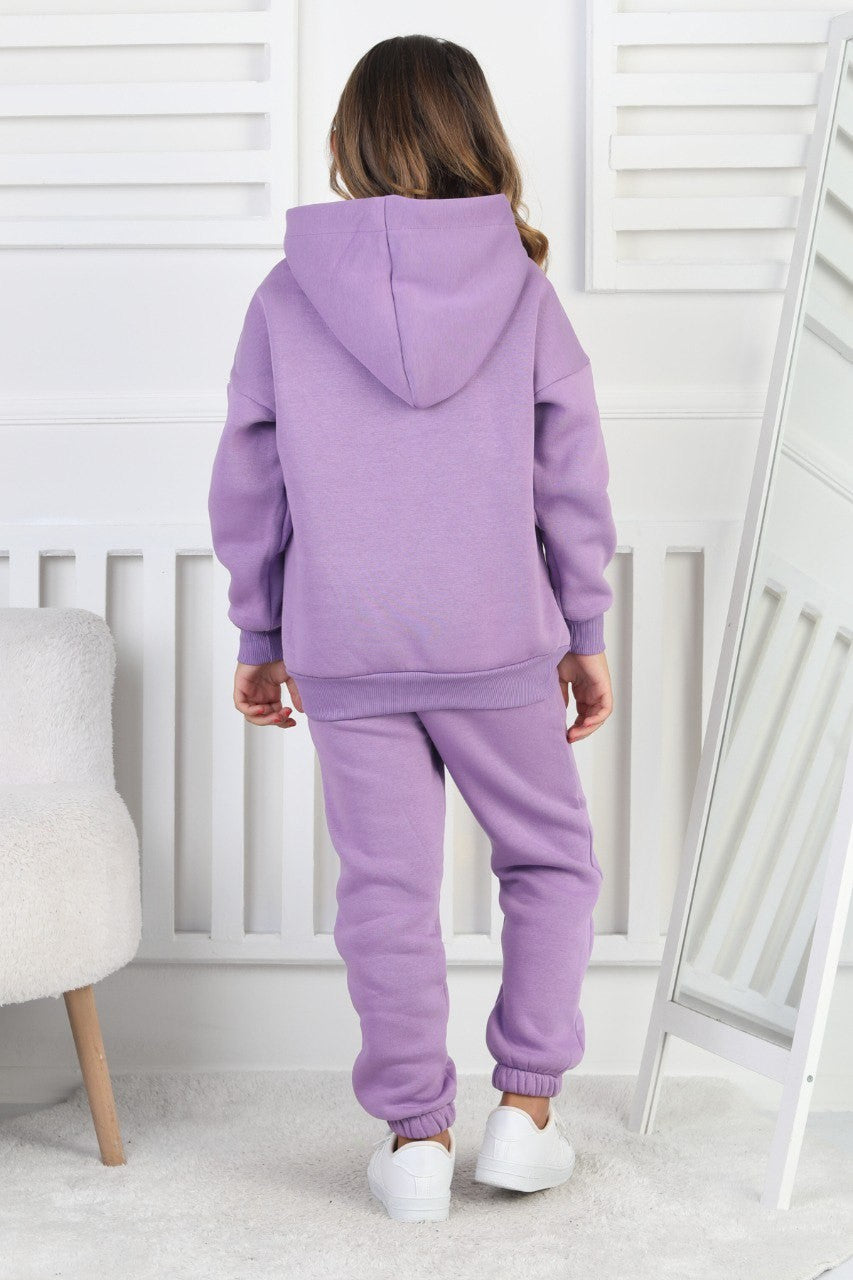 Şardonlu 3 İplik Baskılı Kapşonlu Kız Çocuk Takım