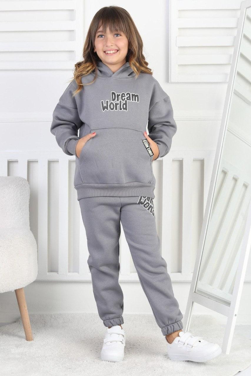 Şardonlu 3 İplik Baskılı Kapşonlu Kız Çocuk Takım