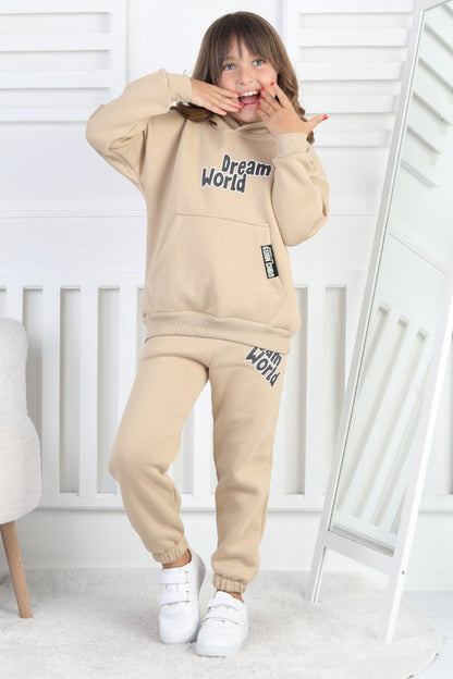 Şardonlu 3 İplik Baskılı Kapşonlu Kız Çocuk Takım