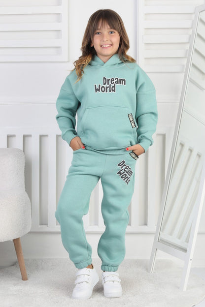 Şardonlu 3 İplik Baskılı Kapşonlu Kız Çocuk Takım