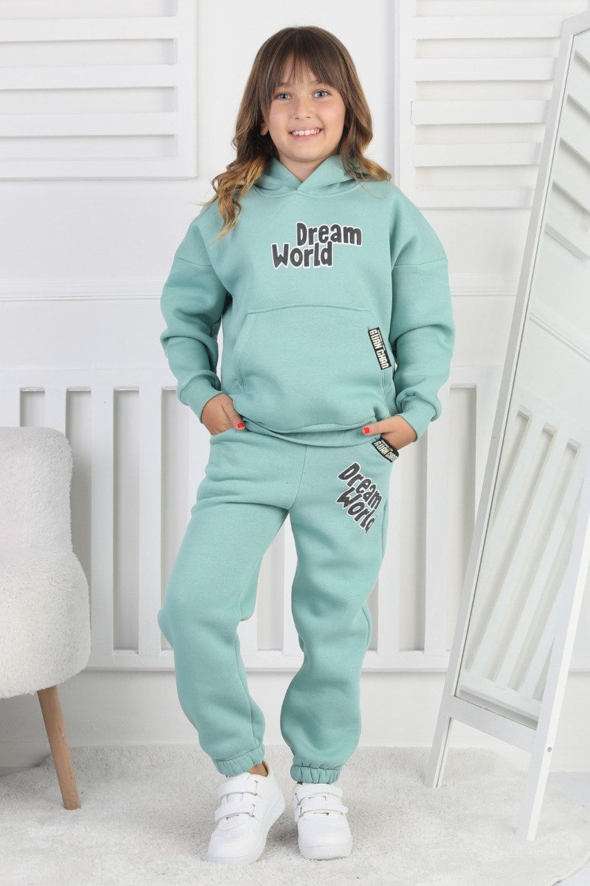 Şardonlu 3 İplik Baskılı Kapşonlu Kız Çocuk Takım