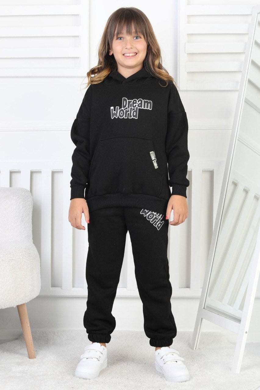 Şardonlu 3 İplik Baskılı Kapşonlu Kız Çocuk Takım