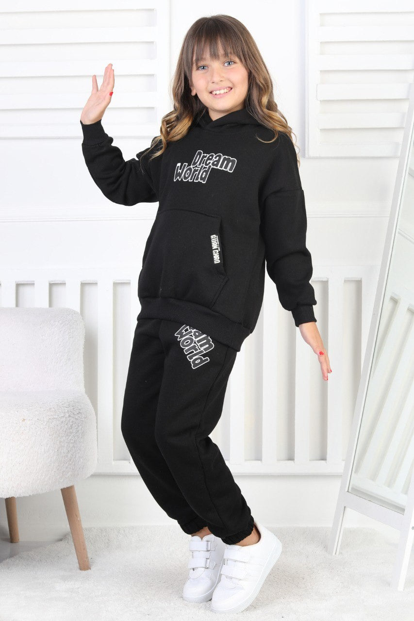 Şardonlu 3 İplik Baskılı Kapşonlu Kız Çocuk Takım