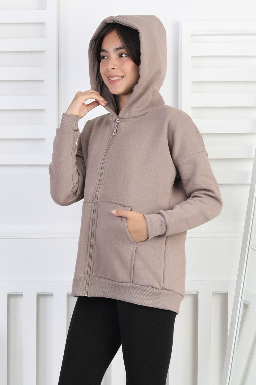 Şardonlu 3 İplik Kapşonlu Kız Çocuk Sweatshirt