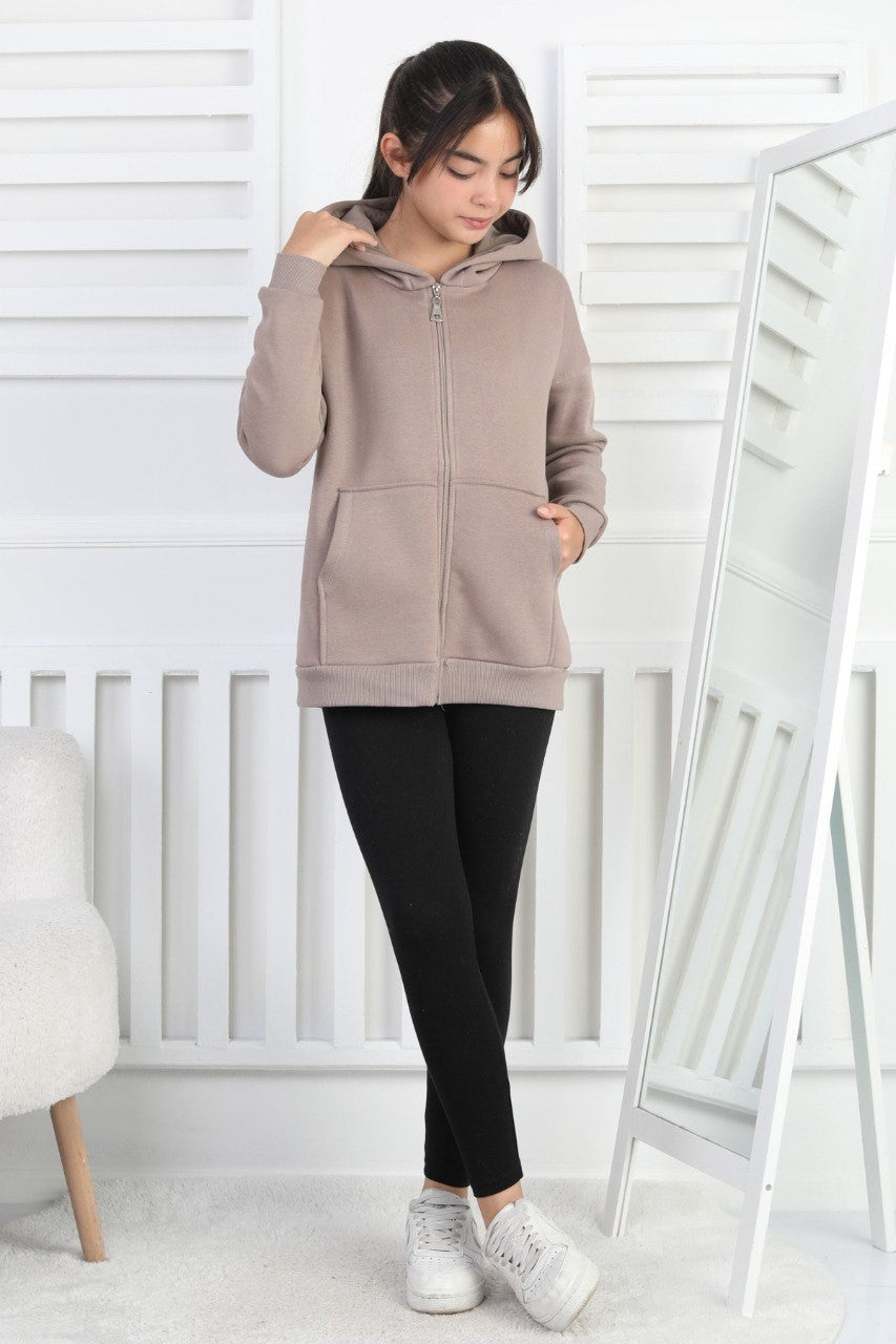 Şardonlu 3 İplik Kapşonlu Kız Çocuk Sweatshirt