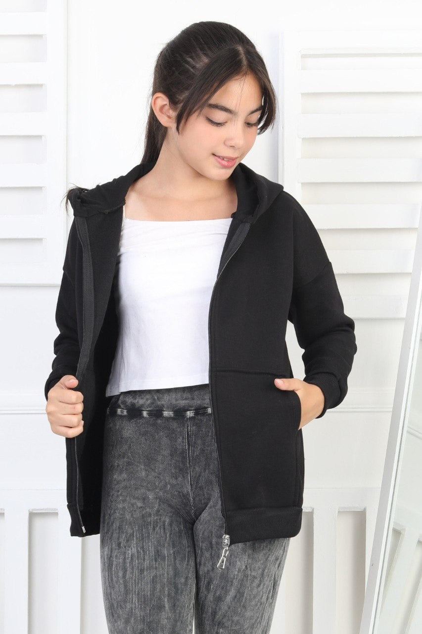 Şardonlu 3 İplik Kapşonlu Kız Çocuk Sweatshirt