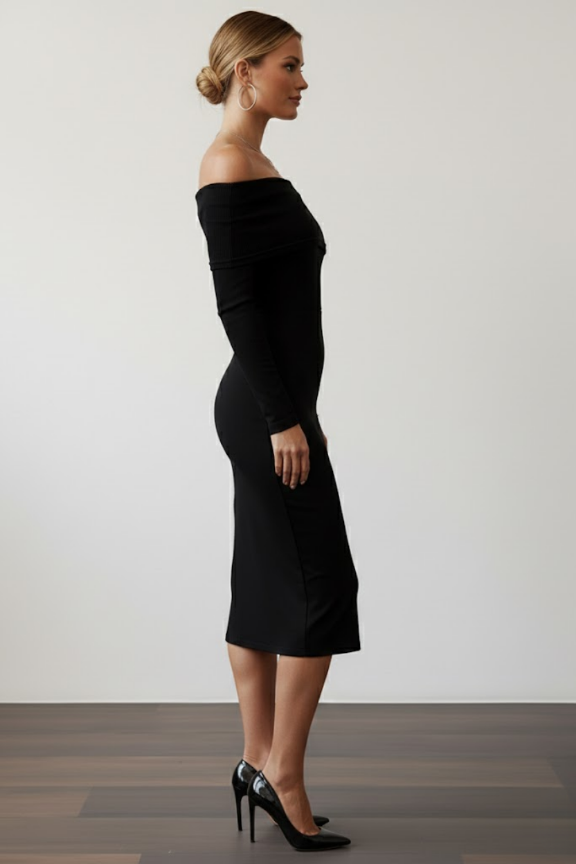 Kadın Siyah Madonna Yaka Sandy Kumaş Esnek Midi Boy Uzun Kollu Elbise