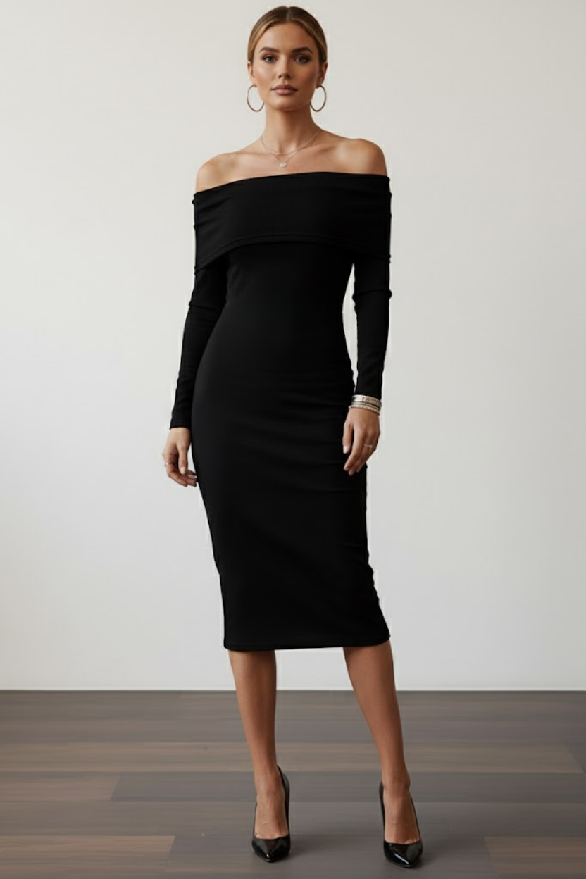 Kadın Siyah Madonna Yaka Sandy Kumaş Esnek Midi Boy Uzun Kollu Elbise