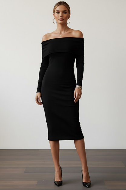 Kadın Siyah Madonna Yaka Sandy Kumaş Esnek Midi Boy Uzun Kollu Elbise