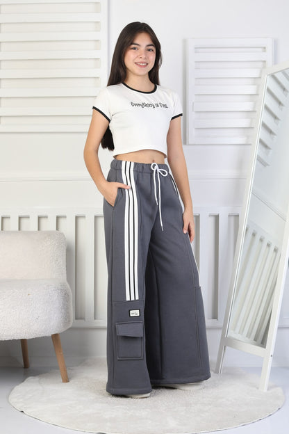 Üç İplik Şardonlu Çep Detaylı Bol Paça Kız Çocuk Eşofman Altı