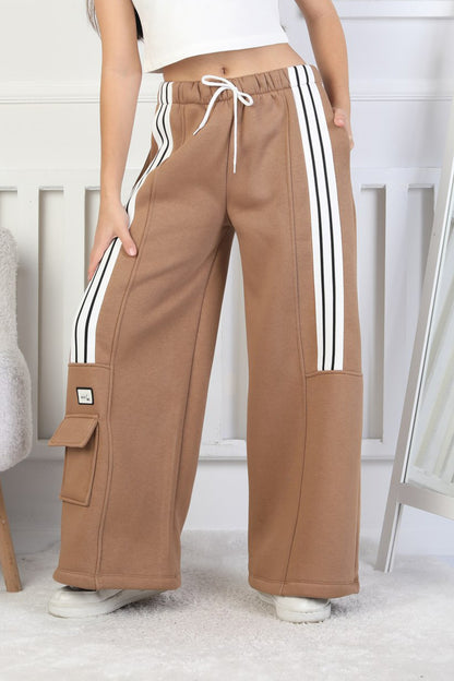 Üç İplik Şardonlu Çep Detaylı Bol Paça Kız Çocuk Eşofman Altı