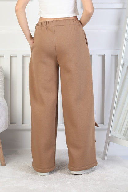 Üç İplik Şardonlu Çep Detaylı Bol Paça Kız Çocuk Eşofman Altı