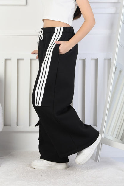 Üç İplik Şardonlu Çep Detaylı Bol Paça Kız Çocuk Eşofman Altı