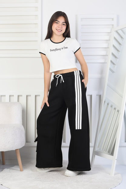 Üç İplik Şardonlu Çep Detaylı Bol Paça Kız Çocuk Eşofman Altı