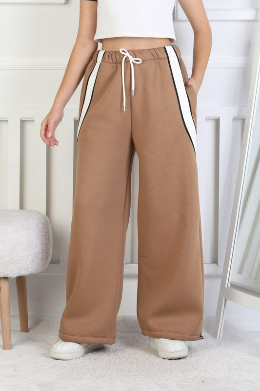 Üç İplik Şardonlu Çapraz Çizgili Bol Paça Kız Çocuk Eşofman Altı