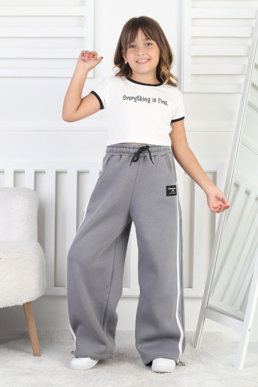 Üç İplik Şardonlu Bol Paça Dik Çizgili Kız Çocuk Eşofman Altı