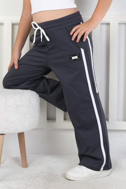 İki İplik Bol Paça Dik Çizgili Kız Çocuk Eşofman Altı