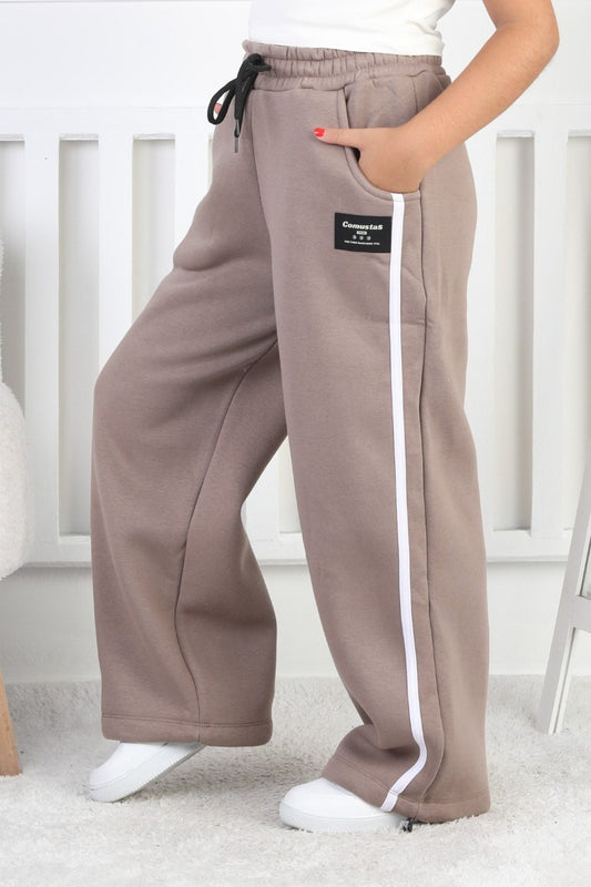 Üç İplik Şardonlu Bol Paça Dik Çizgili Kız Çocuk Eşofman Altı