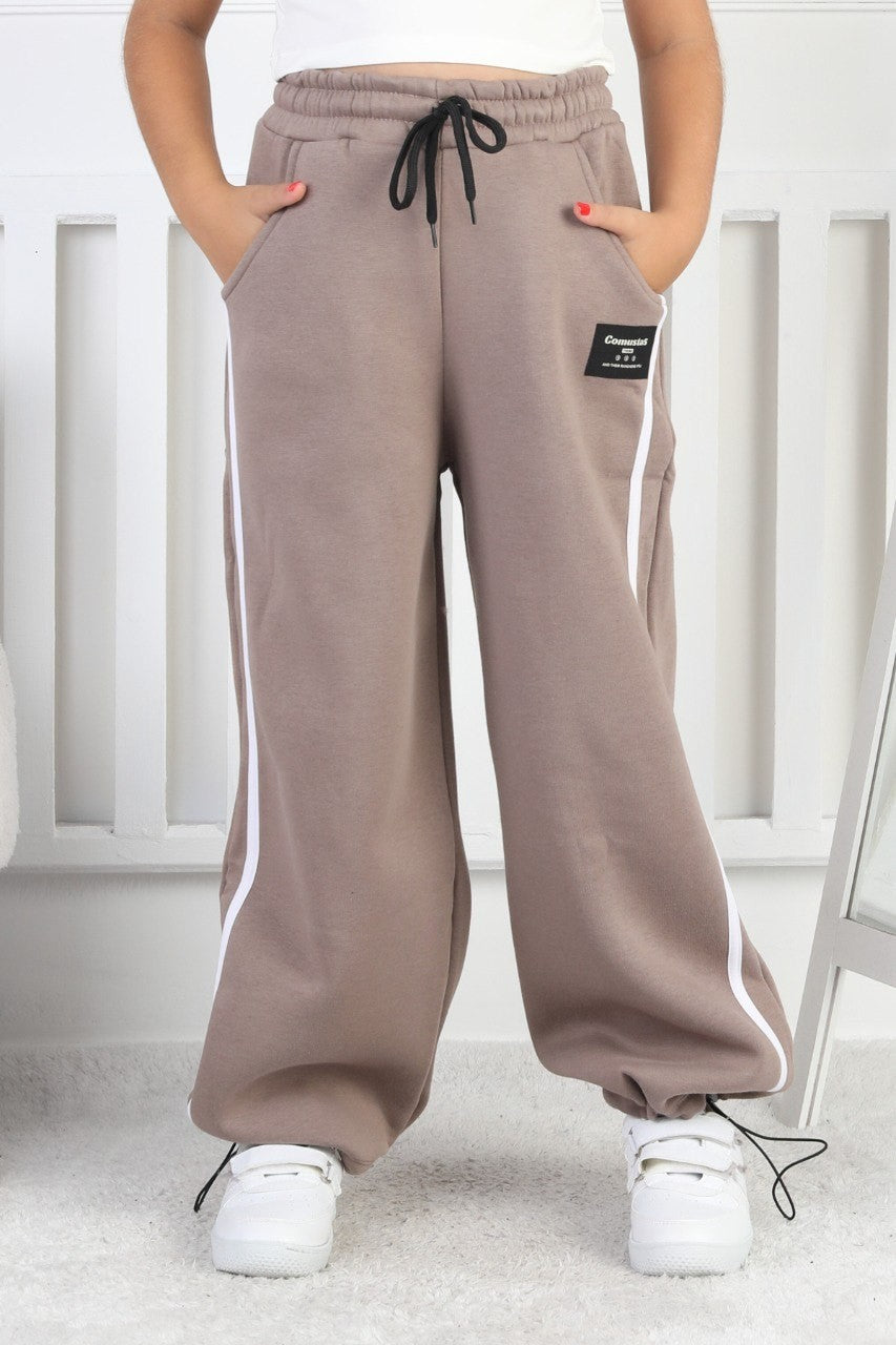 Üç İplik Şardonlu Bol Paça Dik Çizgili Kız Çocuk Eşofman Altı