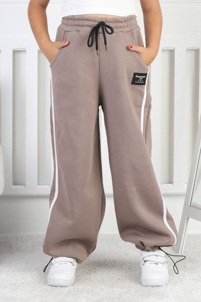 Üç İplik Şardonlu Bol Paça Dik Çizgili Kız Çocuk Eşofman Altı