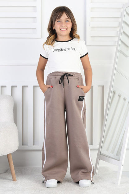 Üç İplik Şardonlu Bol Paça Dik Çizgili Kız Çocuk Eşofman Altı