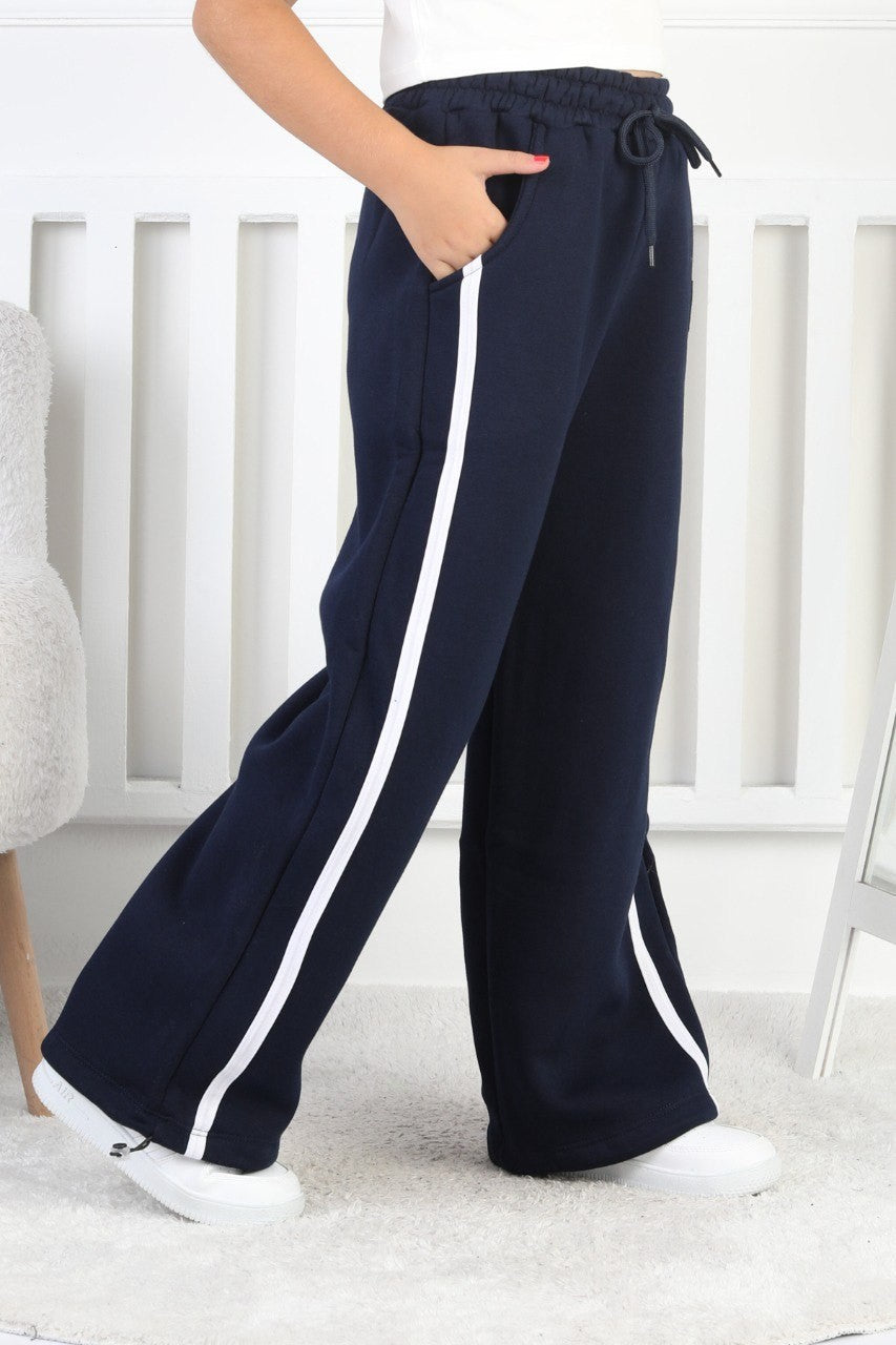 Üç İplik Şardonlu Bol Paça Dik Çizgili Kız Çocuk Eşofman Altı