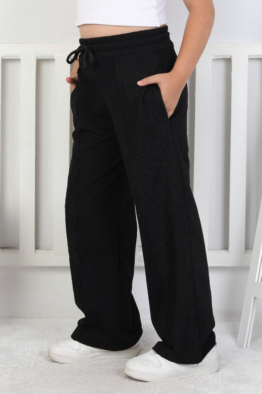 İki İplik Güpürlü Bol Paça Kız Çocuk Eşofman Altı