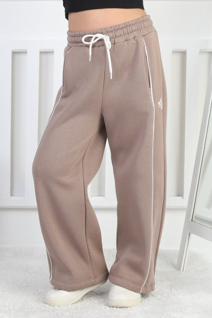 Üç İplik Şardonlu Bol Paça Tek Çizgi Kız Çocuk Eşofman Altı