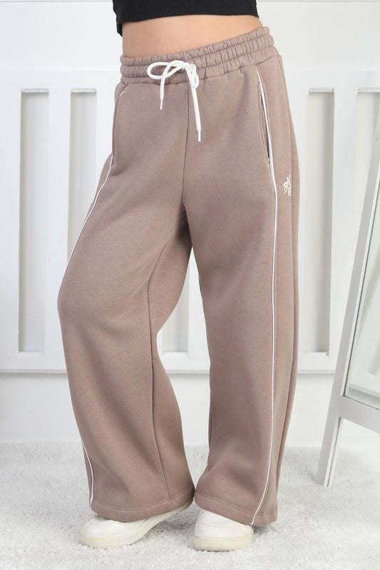 Üç İplik Şardonlu Bol Paça Tek Çizgi Kız Çocuk Eşofman Altı