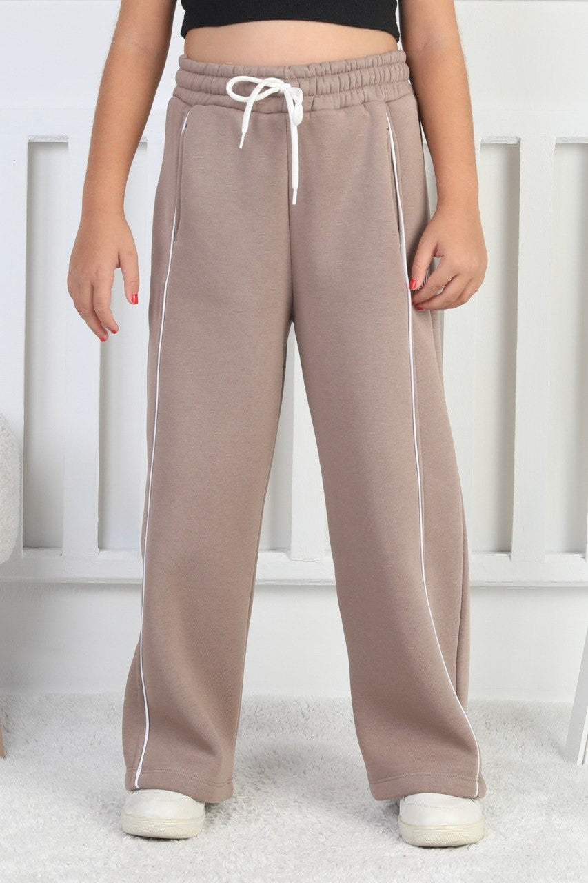 Üç İplik Şardonlu Bol Paça Tek Çizgi Kız Çocuk Eşofman Altı