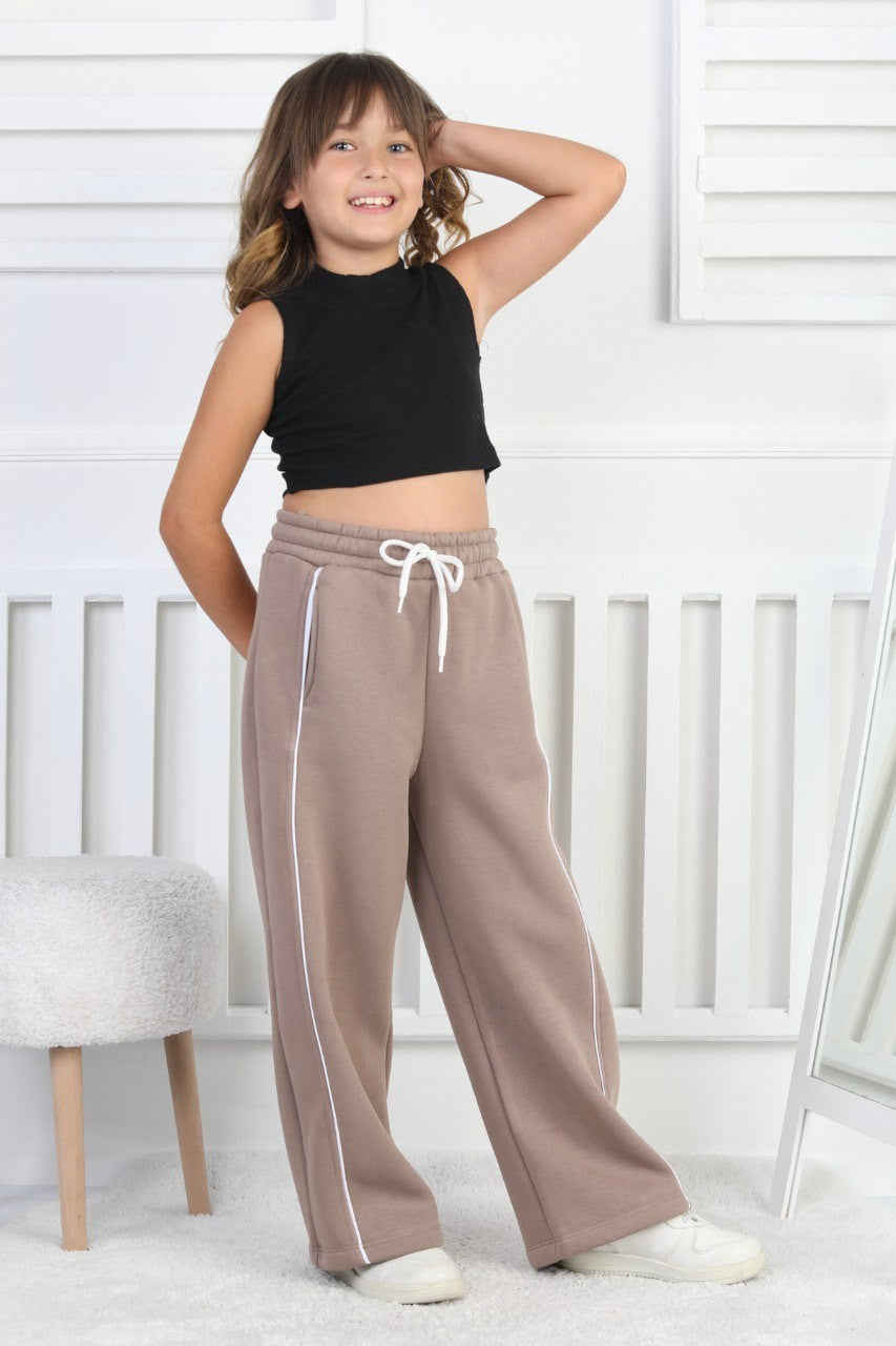 Üç İplik Şardonlu Bol Paça Tek Çizgi Kız Çocuk Eşofman Altı