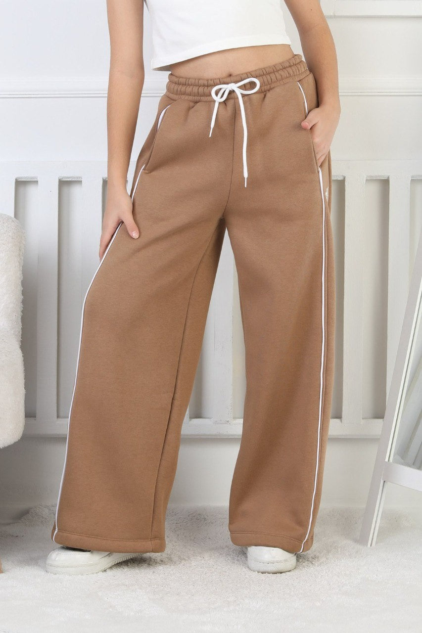 Üç İplik Şardonlu Bol Paça Tek Çizgi Kız Çocuk Eşofman Altı