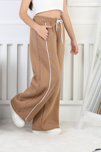 Üç İplik Şardonlu Bol Paça Tek Çizgi Kız Çocuk Eşofman Altı