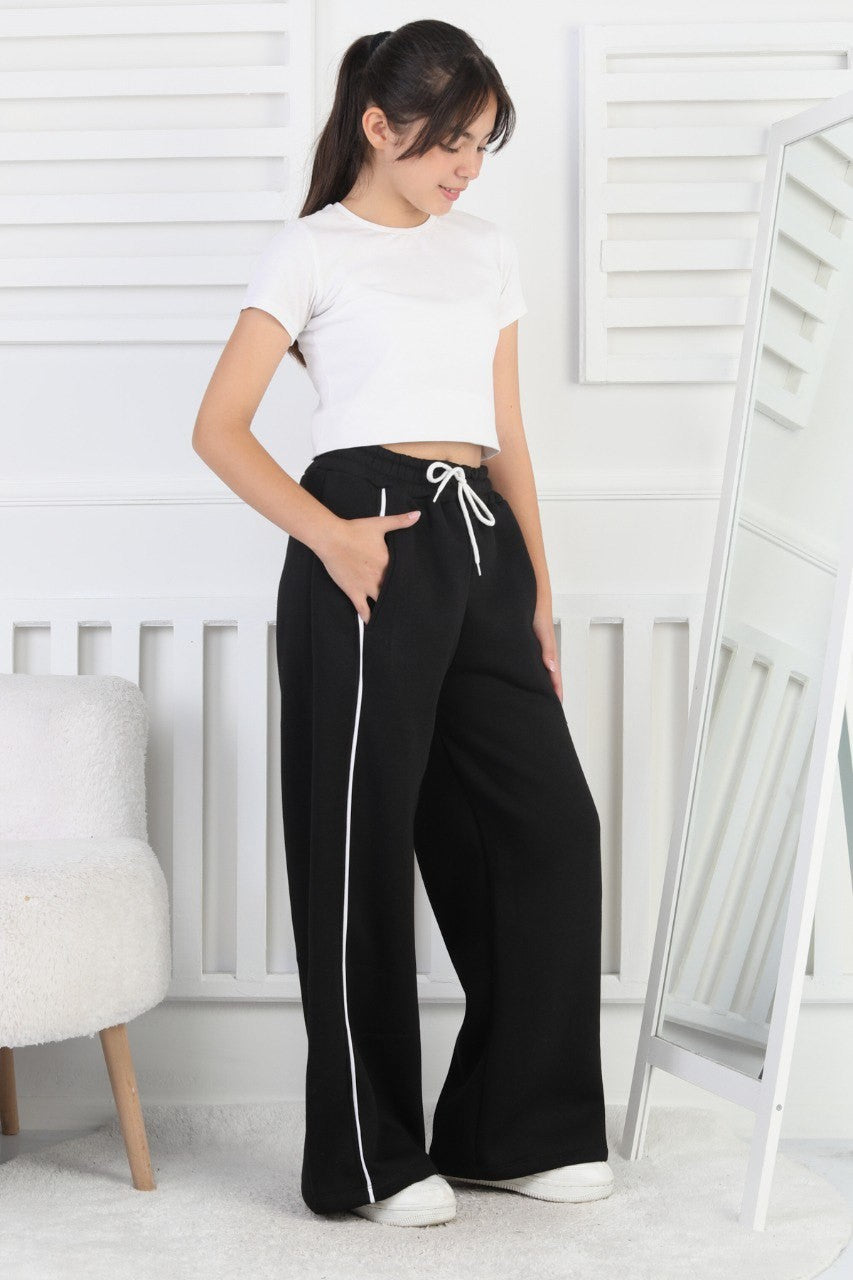 Üç İplik Şardonlu Bol Paça Tek Çizgi Kız Çocuk Eşofman Altı