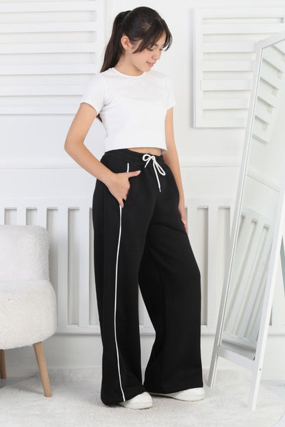 Üç İplik Şardonlu Bol Paça Tek Çizgi Kız Çocuk Eşofman Altı