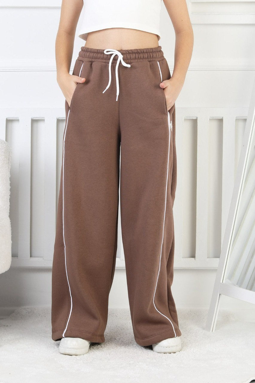 Üç İplik Şardonlu Bol Paça Tek Çizgi Kız Çocuk Eşofman Altı