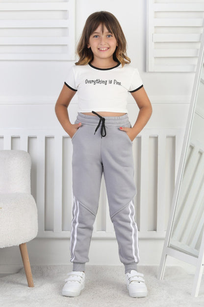 Üç İplik Şardonlu Dar Paça Kız Çocuk Eşofman Altı