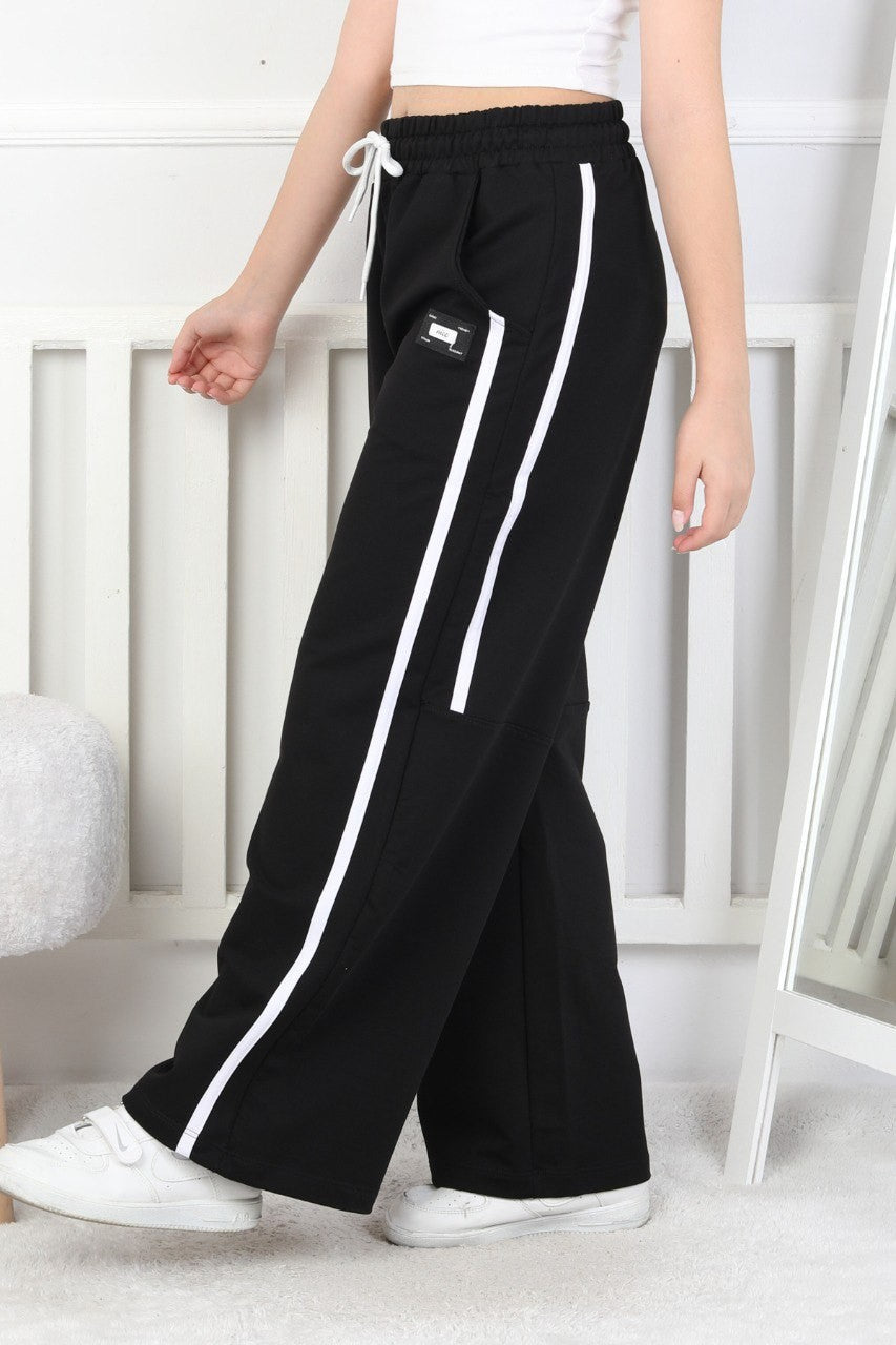 İki İplik Bol Paça Dik Çizgili Kız Çocuk Eşofman Altı