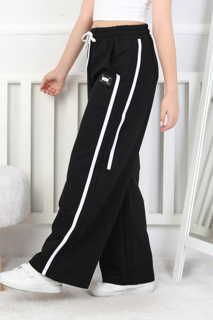 İki İplik Bol Paça Dik Çizgili Kız Çocuk Eşofman Altı