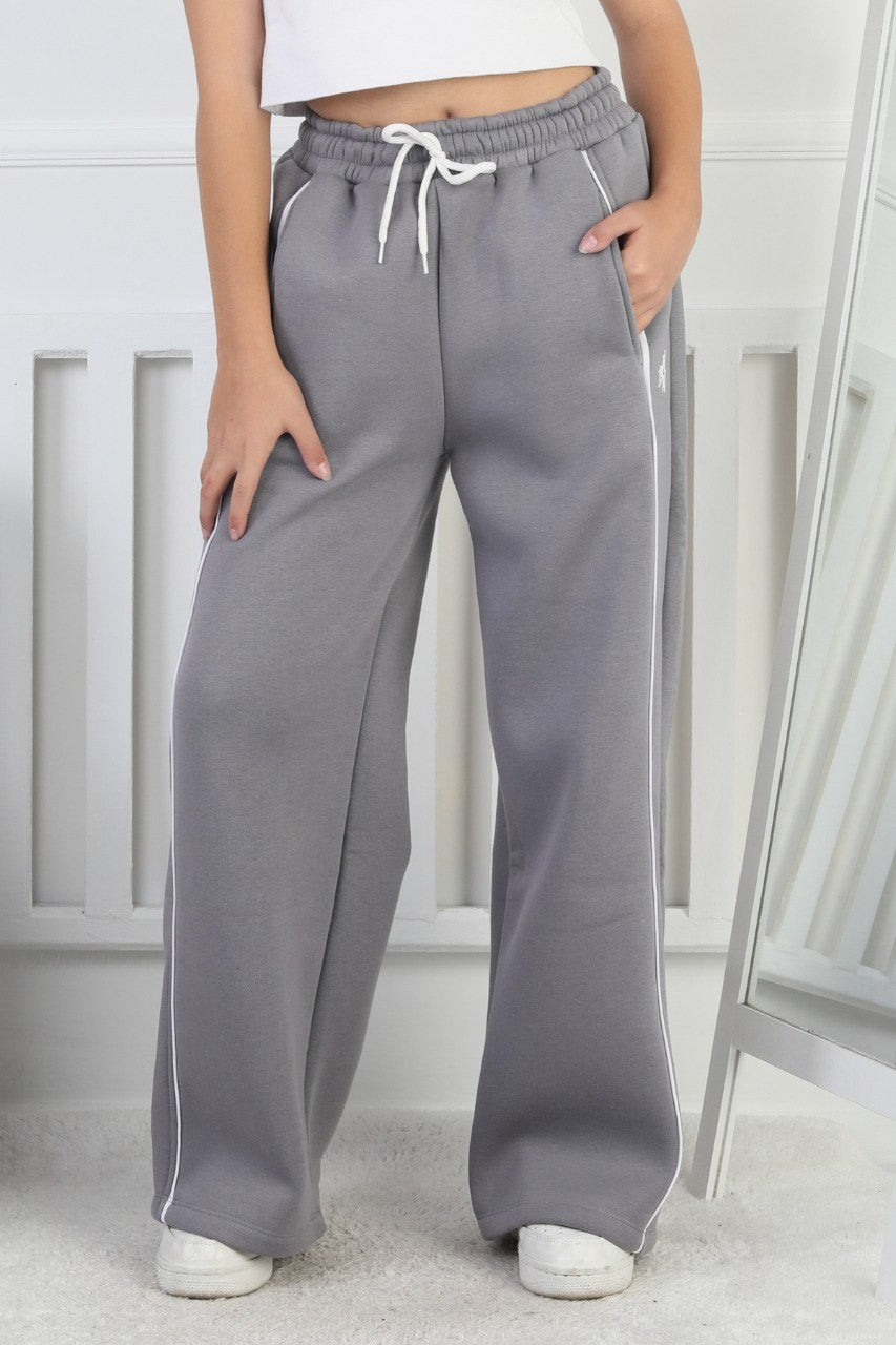 Üç İplik Şardonlu Bol Paça Tek Çizgi Kız Çocuk Eşofman Altı