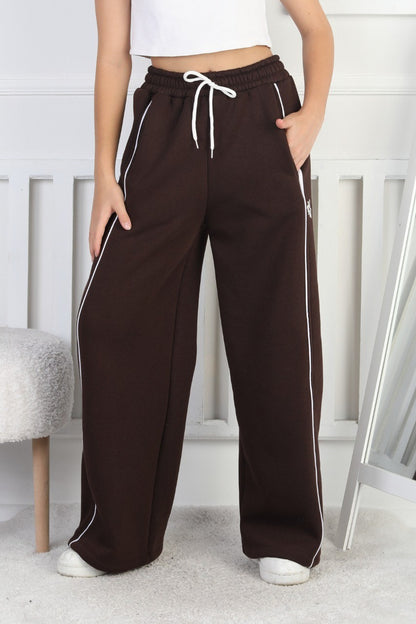 Üç İplik Şardonlu Bol Paça Tek Çizgi Kız Çocuk Eşofman Altı