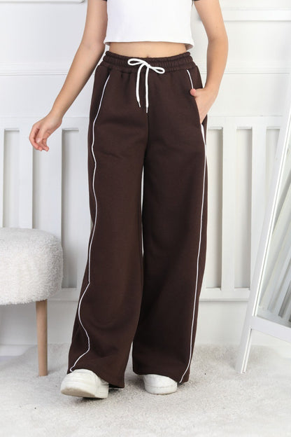 Üç İplik Şardonlu Bol Paça Tek Çizgi Kız Çocuk Eşofman Altı