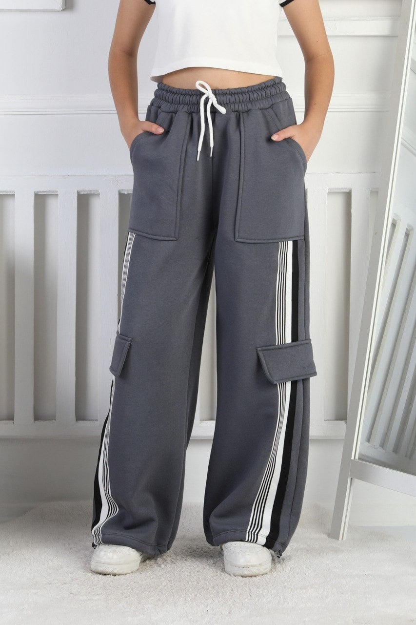 Üç İplik Şardonlu Kargo Çep Detaylı Bol Paça Kız Çocuk Eşofman Altı