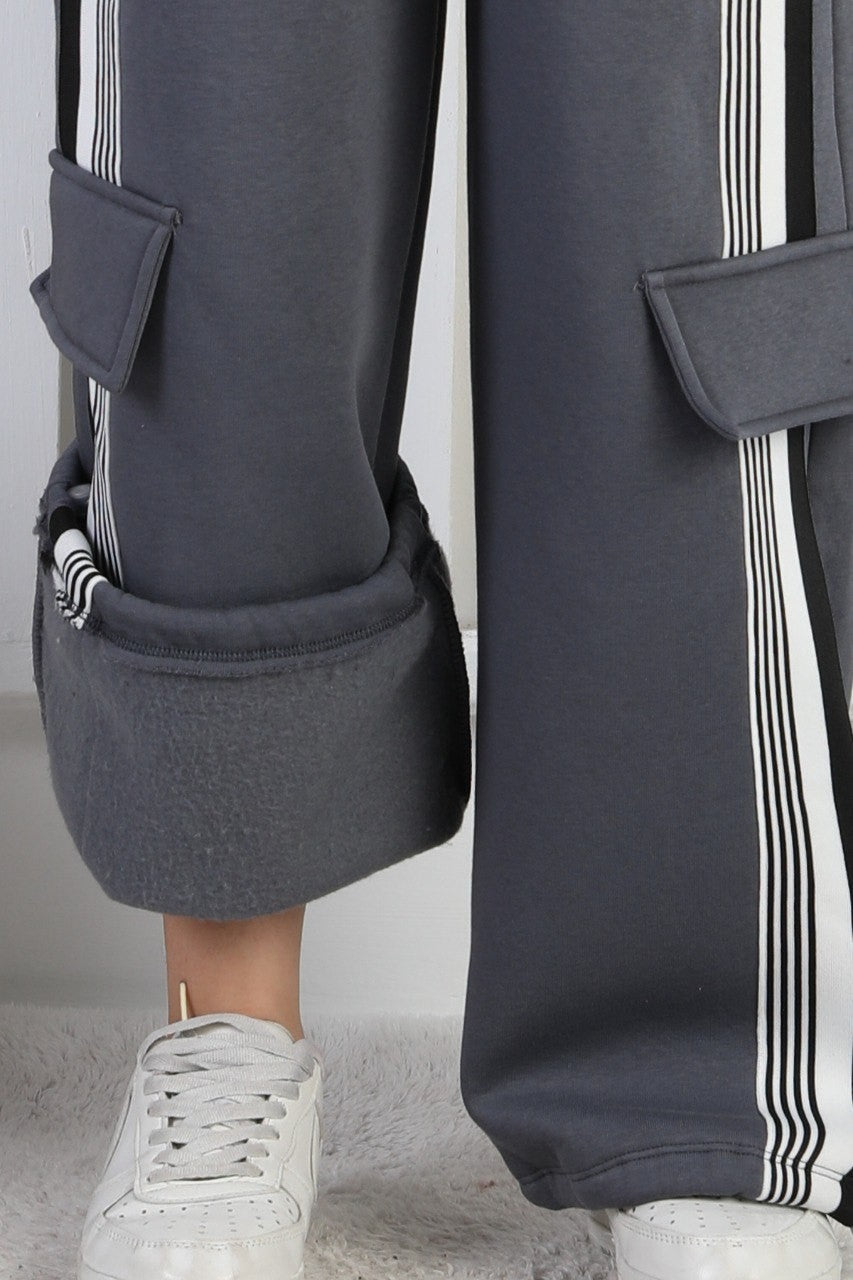 Üç İplik Şardonlu Kargo Çep Detaylı Bol Paça Kız Çocuk Eşofman Altı