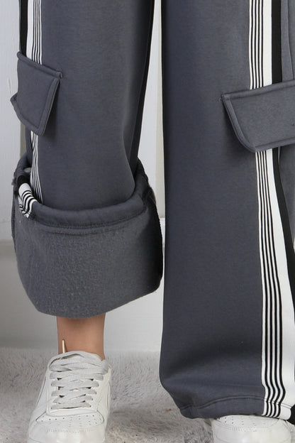 Üç İplik Şardonlu Kargo Çep Detaylı Bol Paça Kız Çocuk Eşofman Altı