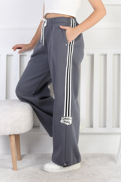 Üç İplik Şardonlu Çizgili Bol Paça Kız Çocuk Eşofman Altı