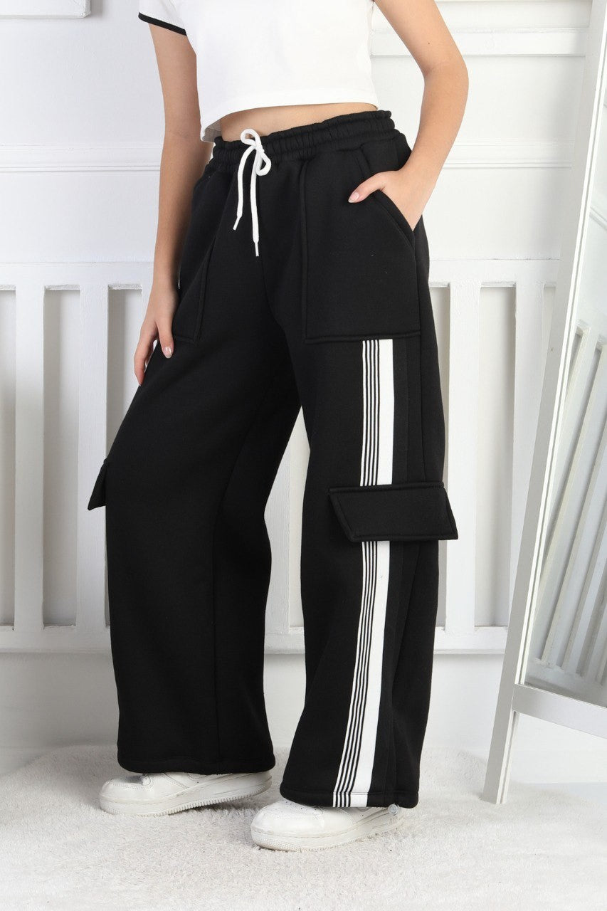 Üç İplik Şardonlu Kargo Çep Detaylı Bol Paça Kız Çocuk Eşofman Altı