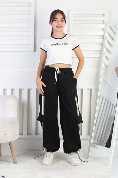 Üç İplik Şardonlu Kargo Çep Detaylı Bol Paça Kız Çocuk Eşofman Altı