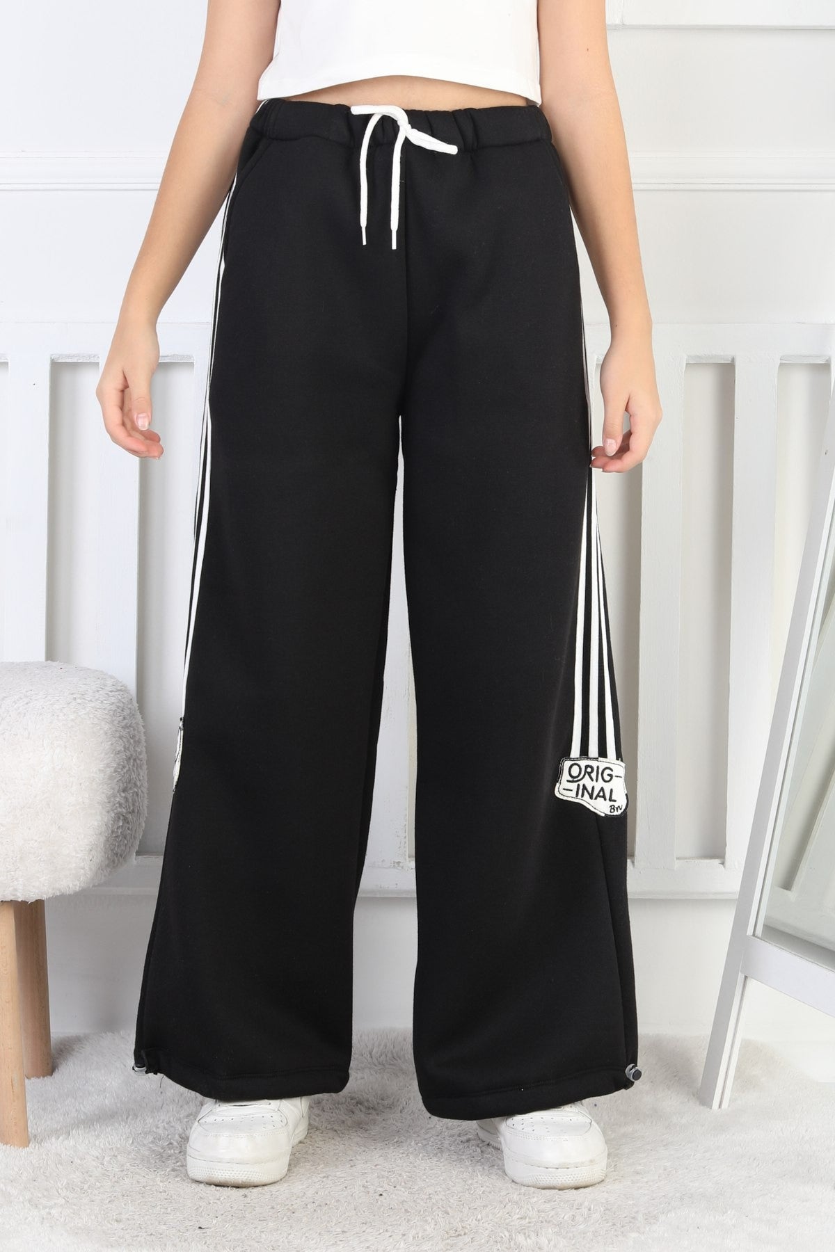 Üç İplik Şardonlu Çizgili Bol Paça Kız Çocuk Eşofman Altı