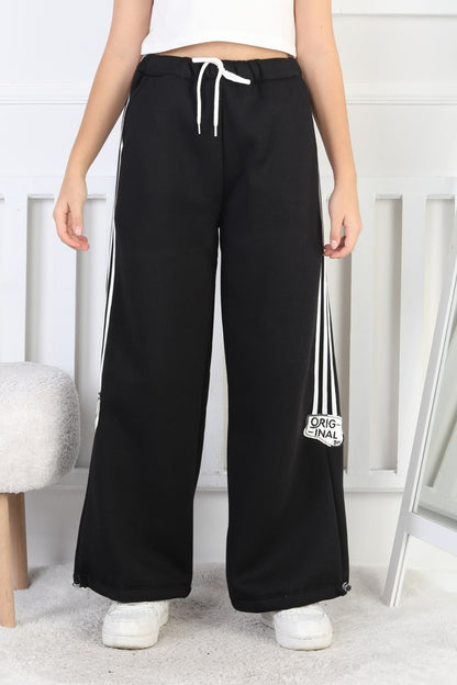 Üç İplik Şardonlu Çizgili Bol Paça Kız Çocuk Eşofman Altı